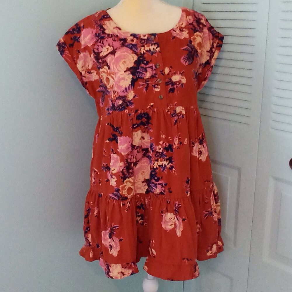 FREE PEOPLE HARPER FLORAL CORDUROY 100% COTTON BUTTON AT NECK TIERED RUFFLES XS